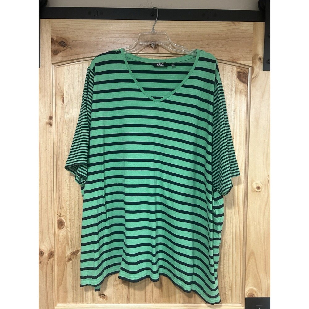 Ulla Popken Women’s Short Sleeve Tunic Green Black Stripes V Neck Flowy US 32/34